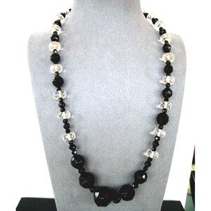 Vintage Black & Clear Faceted Bead Necklace With Clasp 22 inch
